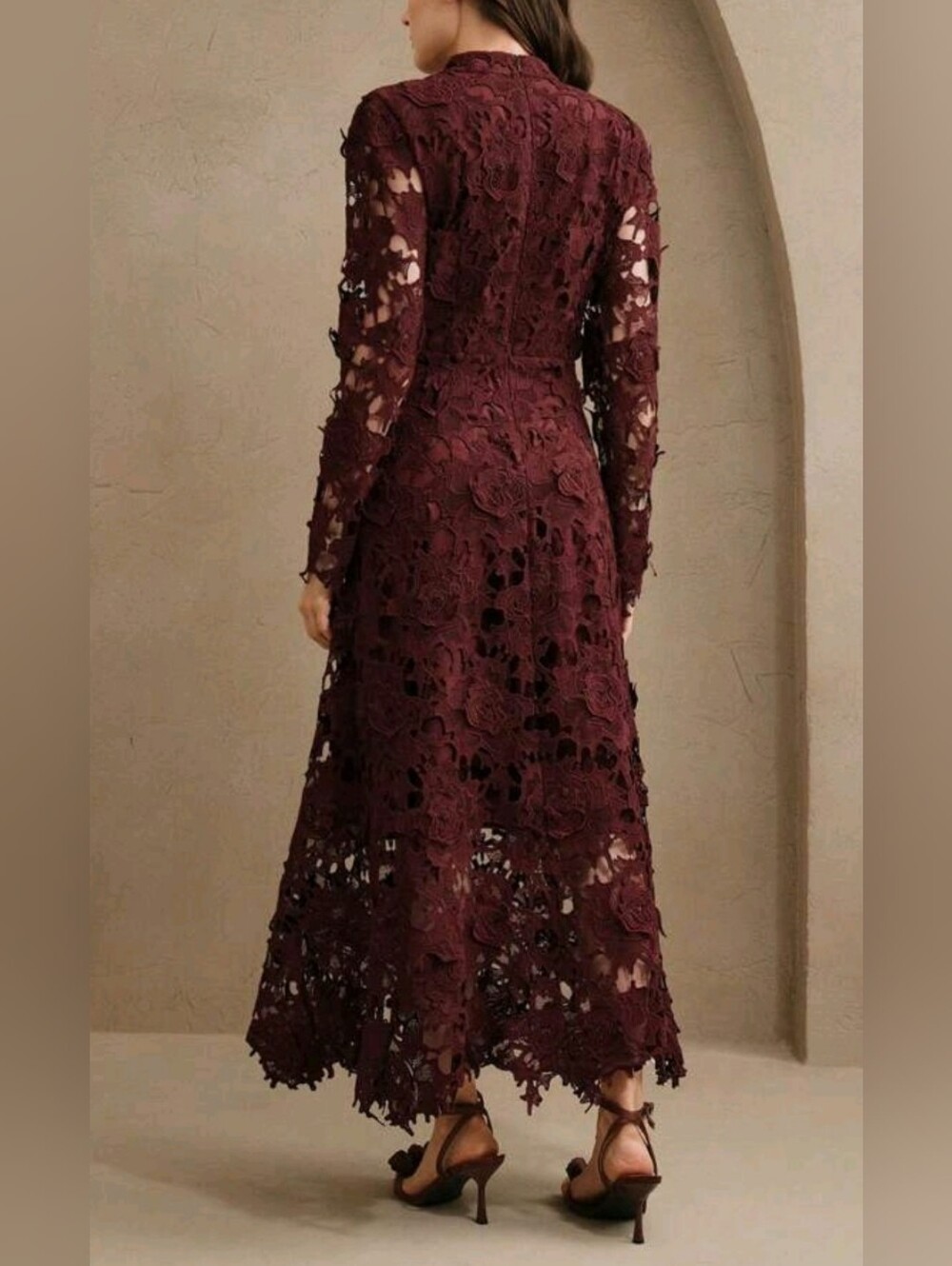 New Luxe Embroidered Sheer Lace Long Dress Long Sleeve Burgundy Red - Picture 5 of 14